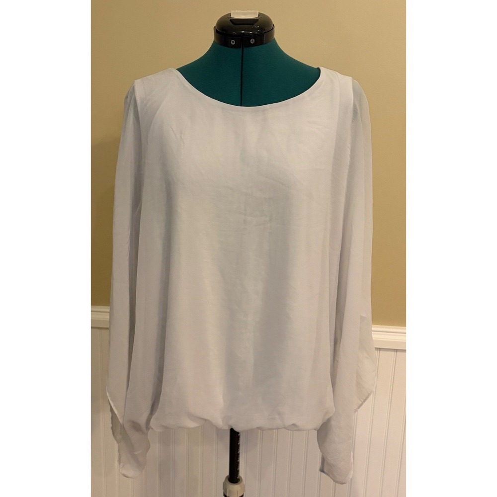 Chico's White Wide Sleeve Banded Bottom Sheer Top Size 4 Blouse Minamalist